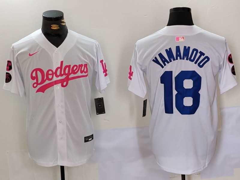 Men%27s Los Angeles Dodgers #18 Yoshinobu Yamamoto White Pink Vin & Kobe Patch Stitched Baseball Jersey1->los angeles dodgers->MLB Jersey